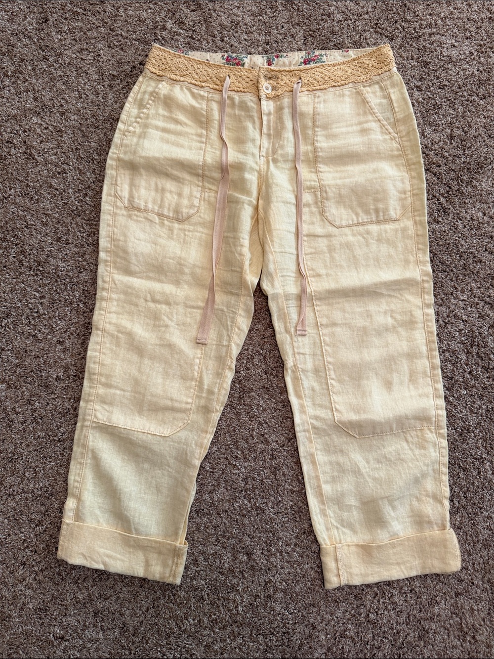 Anthropologie Heihei Butter Yellow Linen Drawstring Crop Pants